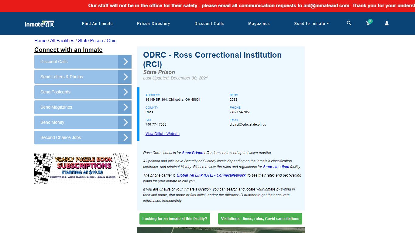 ODRC - Ross Correctional Institution (RCI) & Inmate Search ...