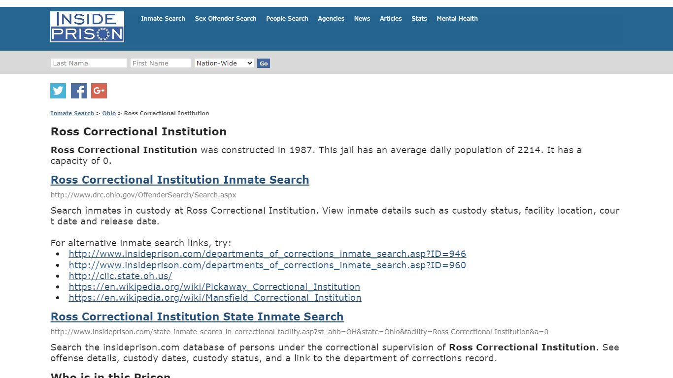 Ross Correctional Institution - Ohio - Inmate Search